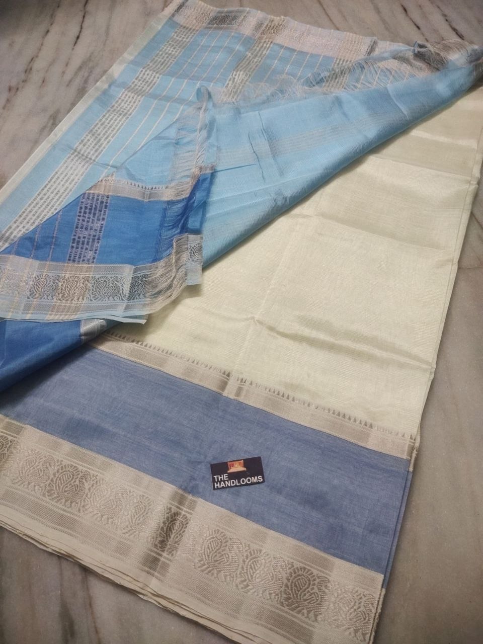 Golden Daffodils Bloom Silver Zari Mangalagiri Pure Handloom Cotton Saree